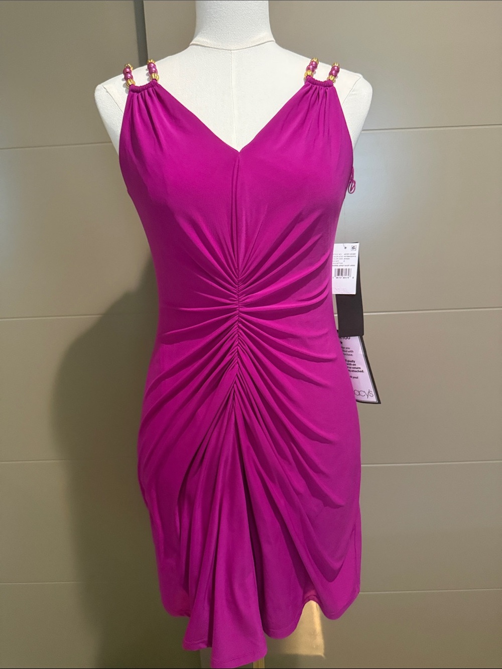 Adrianna Papell Magenta Ruched Mini Dress with Beaded Straps